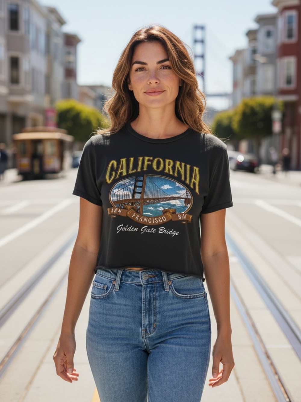 Graphic California Golden Gate Bridge Crop Tee - Black